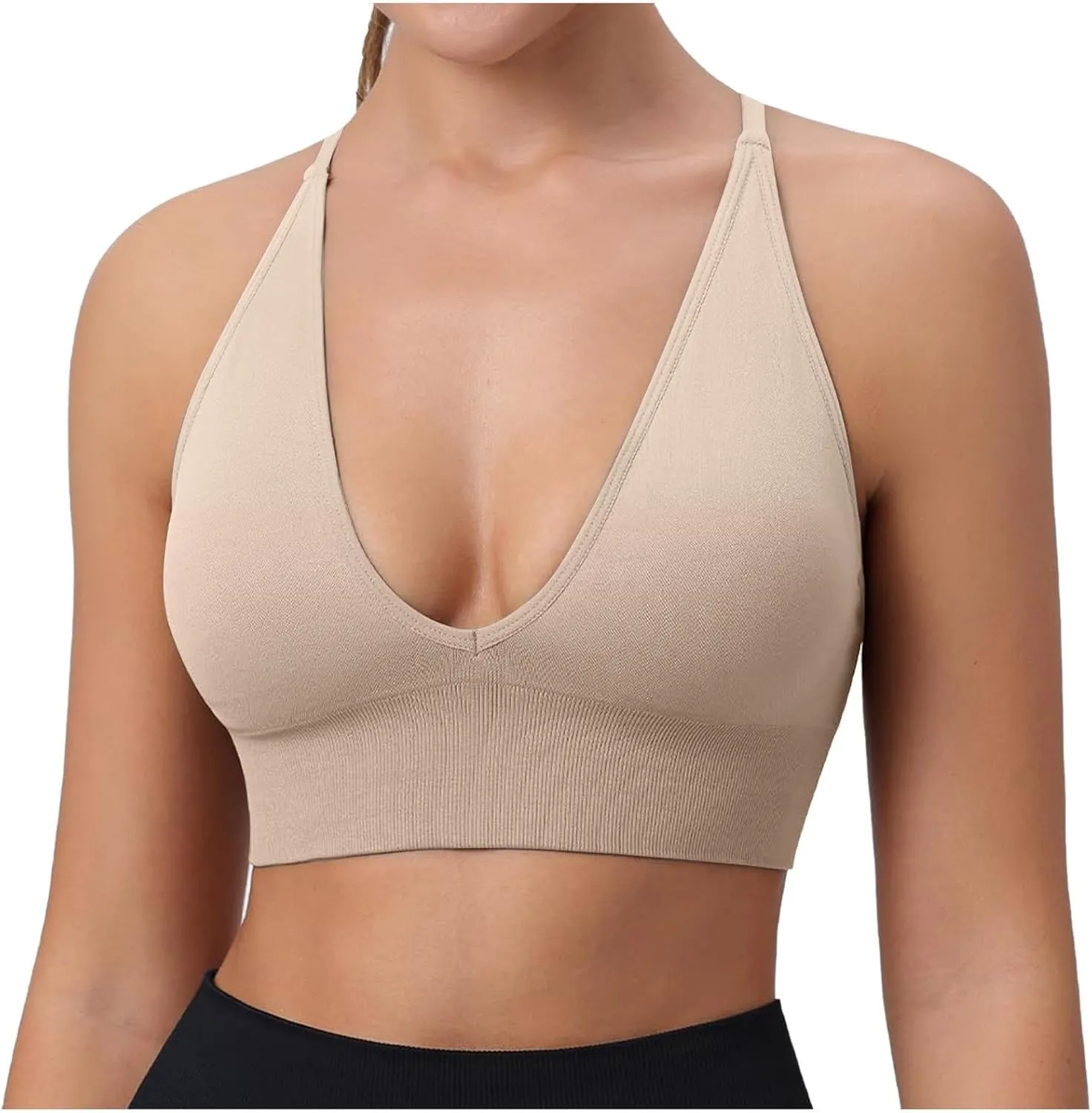 Women's V Neck Long Line Sports Bra Strap Padded Cup Adjustable Thin Strap Fitness Yoga Short Top 36 C