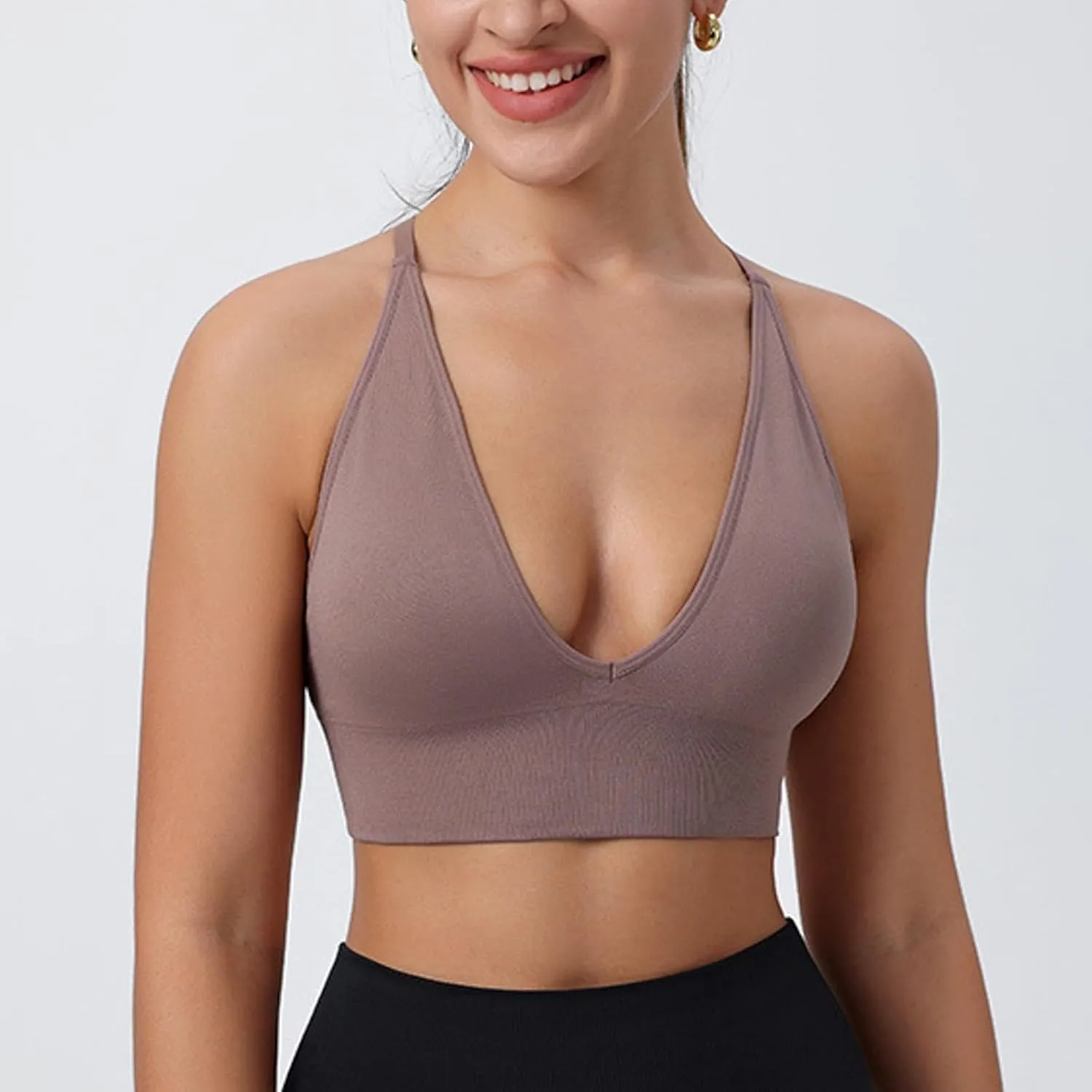 Women's V Neck Long Line Sports Bra Strap Padded Cup Adjustable Thin Strap Fitness Yoga Short Top 36 C