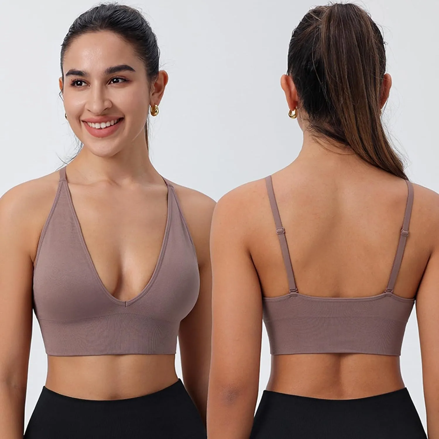Women's V Neck Long Line Sports Bra Strap Padded Cup Adjustable Thin Strap Fitness Yoga Short Top 36 C