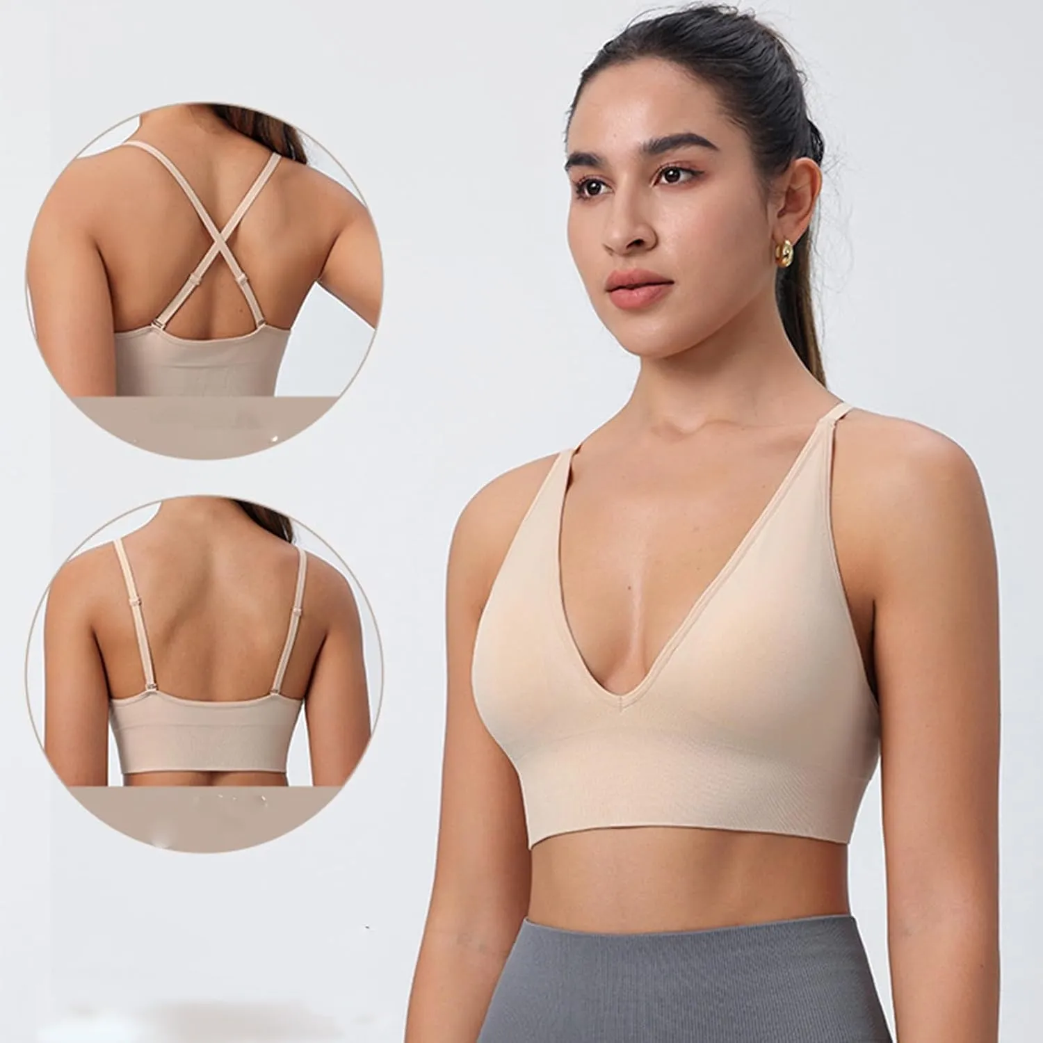 Women's V Neck Long Line Sports Bra Strap Padded Cup Adjustable Thin Strap Fitness Yoga Short Top 36 C
