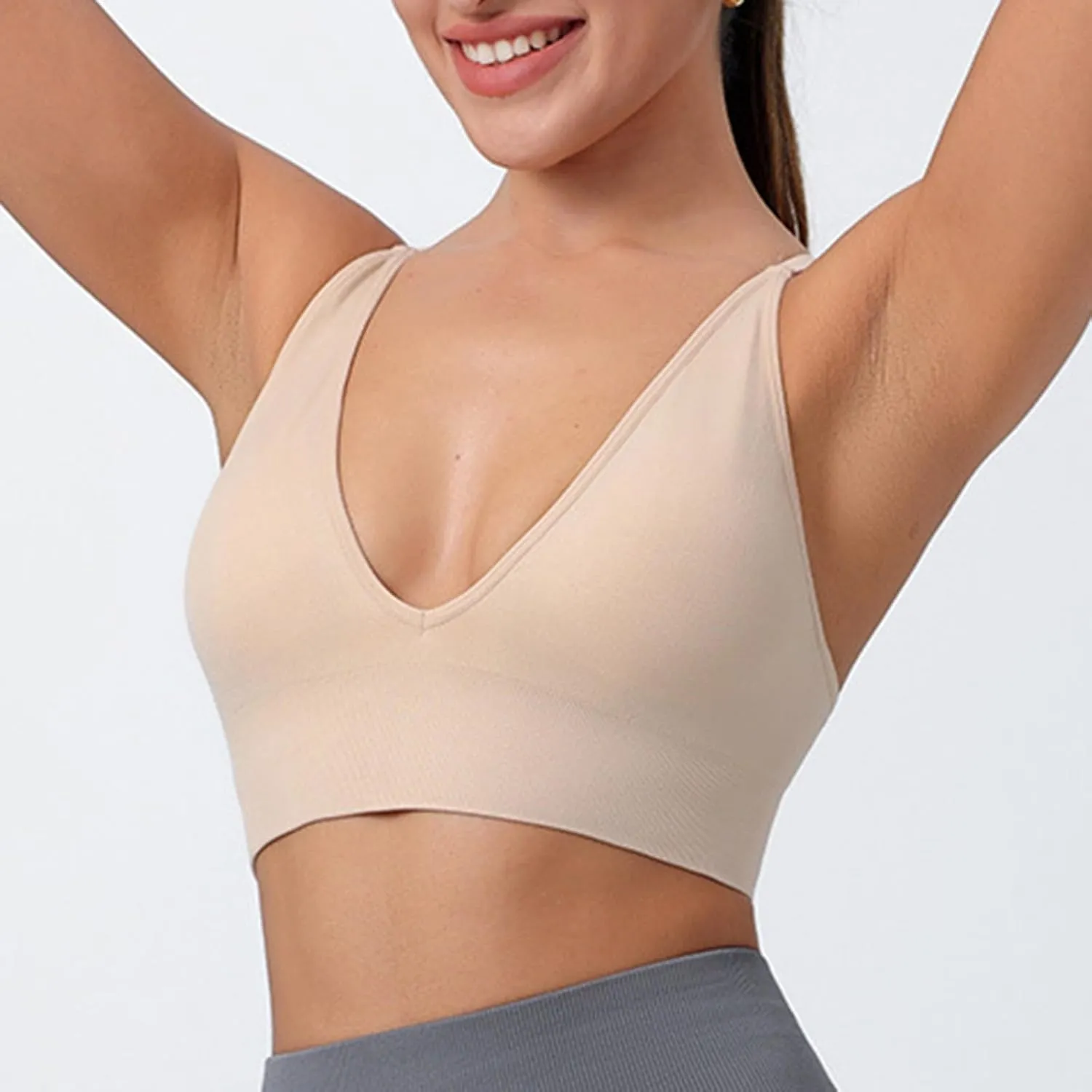 Women's V Neck Long Line Sports Bra Strap Padded Cup Adjustable Thin Strap Fitness Yoga Short Top 36 C