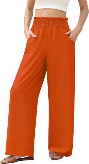 Womens Wide Leg Lounge Pants Smocked Elastic Waisted Loose Flowy Palazzo Beach Vacation Summer Casual Wear 2025