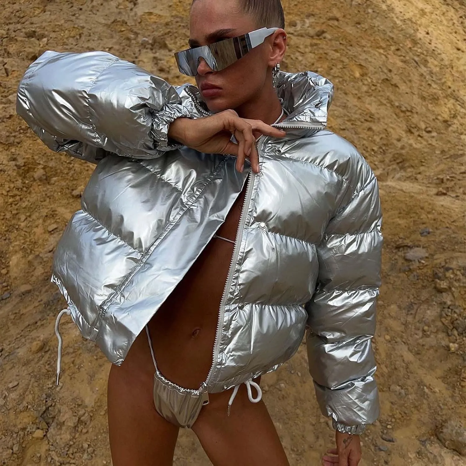 Women's Winter Cropped Puffer Jacket Lightweight Long Sleeve Oversized Y2k Stand Collar Zip Up Short Down Coats Girls