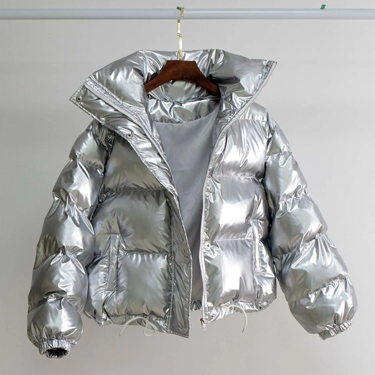Women's Winter Cropped Puffer Jacket Lightweight Long Sleeve Oversized Y2k Stand Collar Zip Up Short Down Coats Girls
