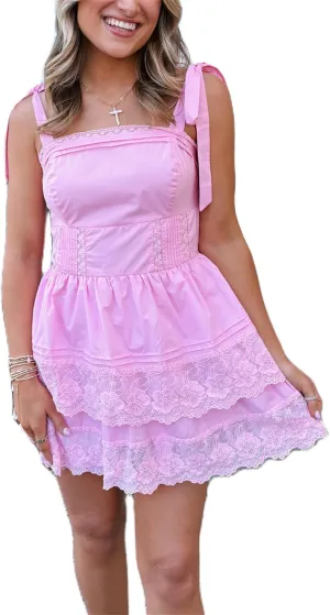 Womens Y2k Bow Tie Shoulder Mini Dress Lace Patchwork Backless Ruffle Slip Dresses Flowy Swing Pleated Sundress