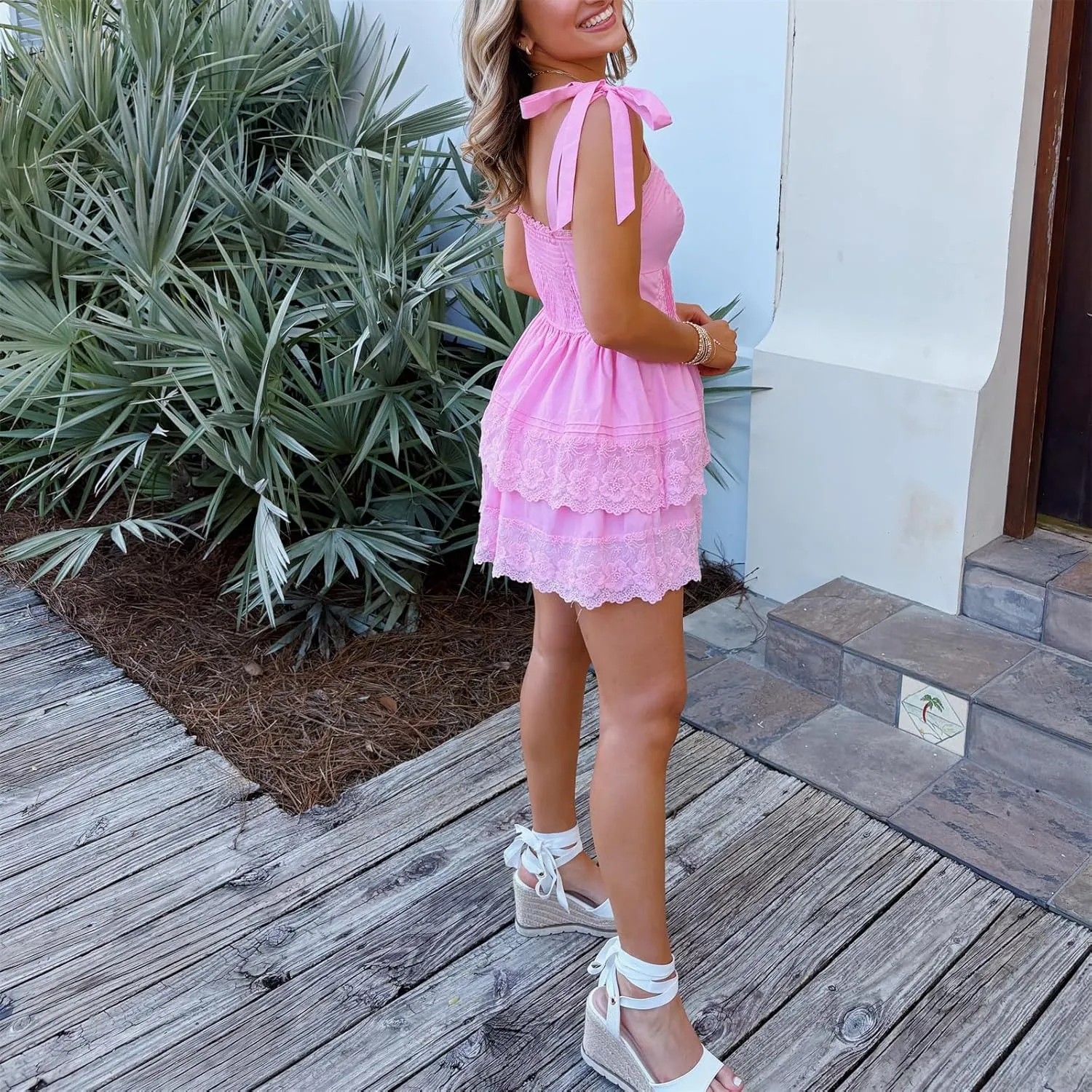 Womens Y2k Bow Tie Shoulder Mini Dress Lace Patchwork Backless Ruffle Slip Dresses Flowy Swing Pleated Sundress