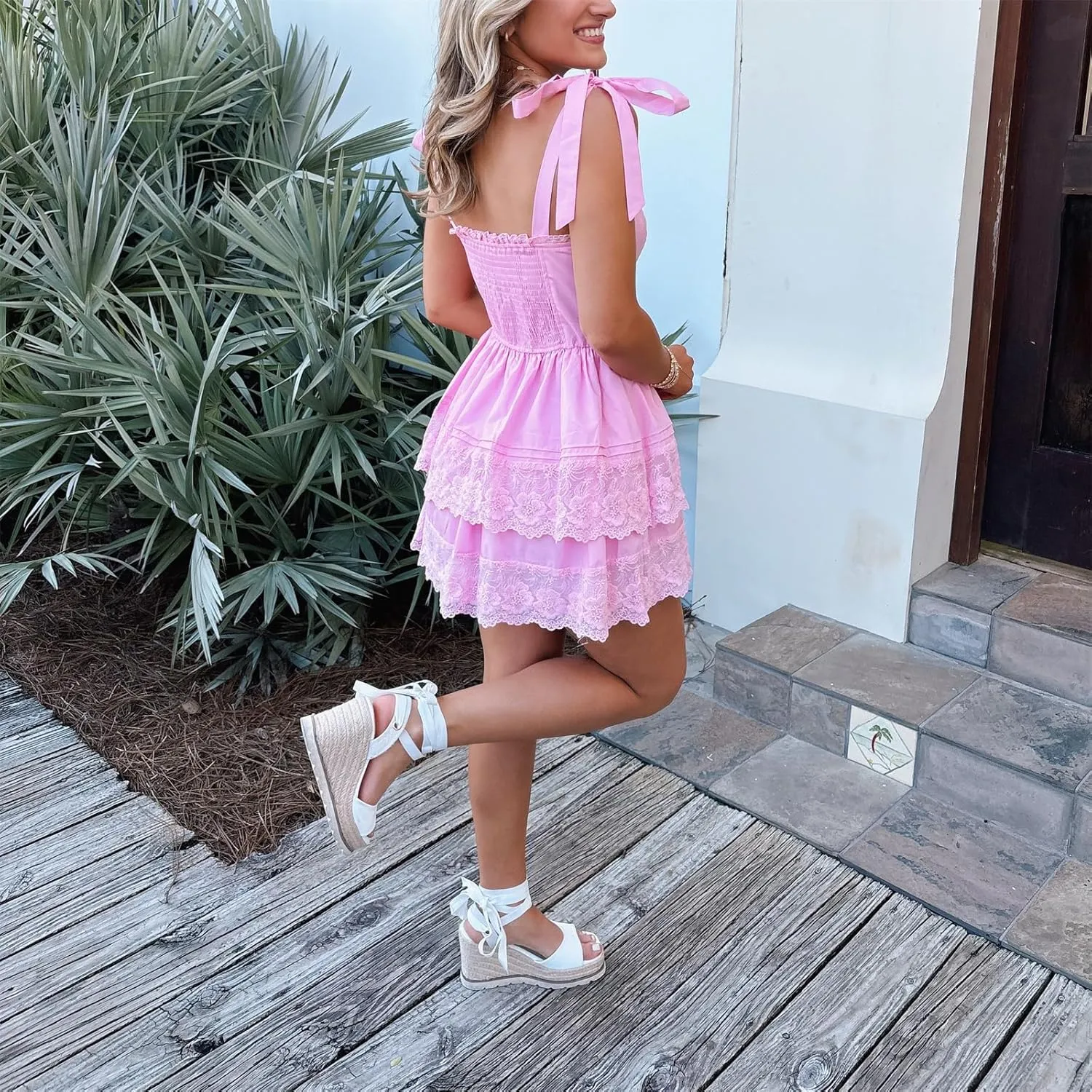 Womens Y2k Bow Tie Shoulder Mini Dress Lace Patchwork Backless Ruffle Slip Dresses Flowy Swing Pleated Sundress
