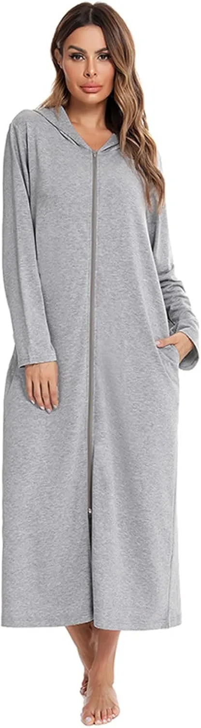 Womens Zipper Robe Hooded Loungewear Dress Full Length Sleepwear Pockets Housecoat Nightgown Long Bathrobe 2024