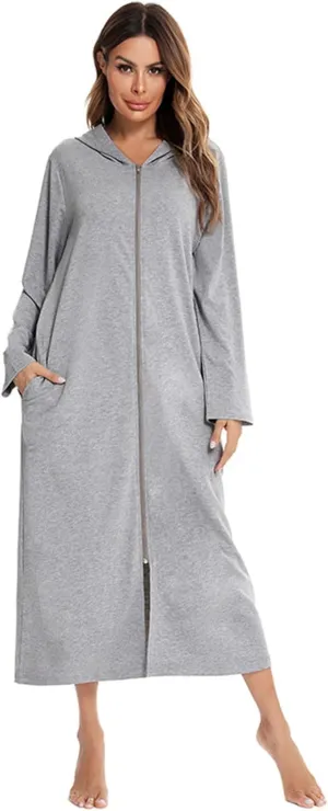 Womens Zipper Robe Hooded Loungewear Dress Full Length Sleepwear Pockets Housecoat Nightgown Long Bathrobe 2024
