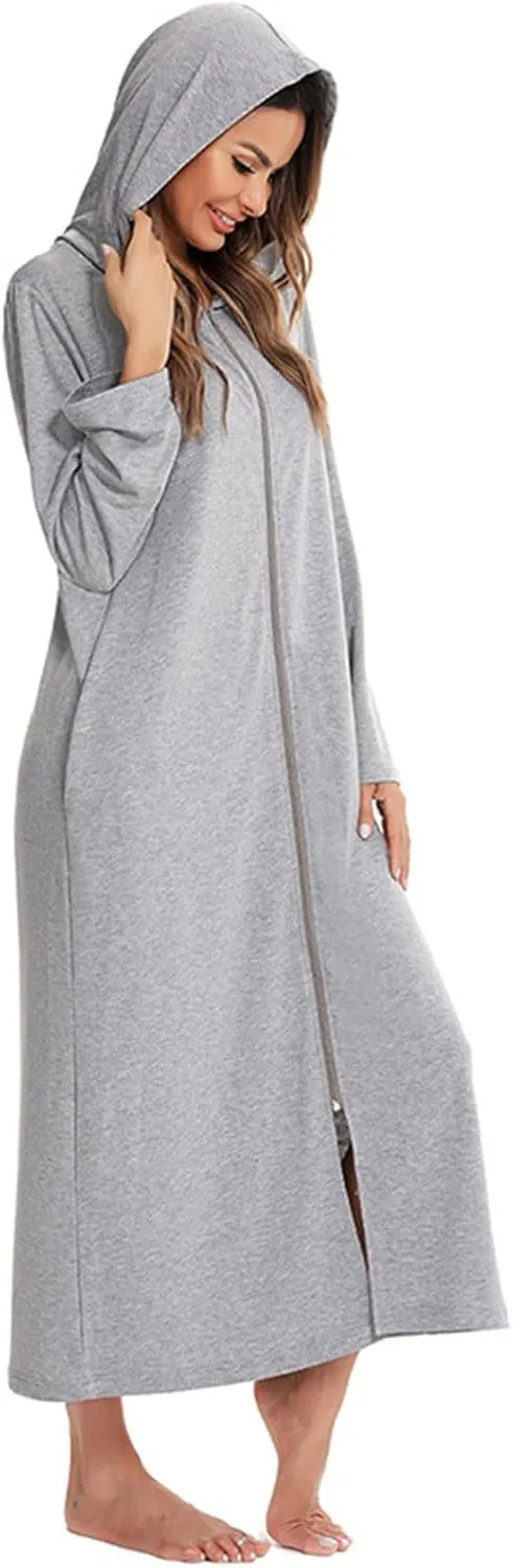 Womens Zipper Robe Hooded Loungewear Dress Full Length Sleepwear Pockets Housecoat Nightgown Long Bathrobe 2024