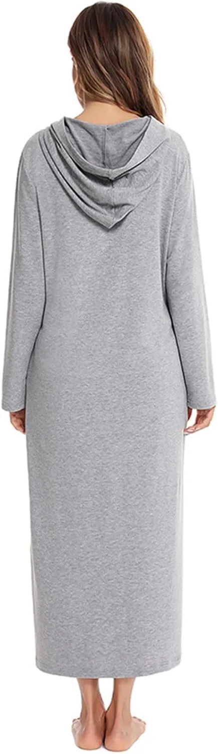 Womens Zipper Robe Hooded Loungewear Dress Full Length Sleepwear Pockets Housecoat Nightgown Long Bathrobe 2024
