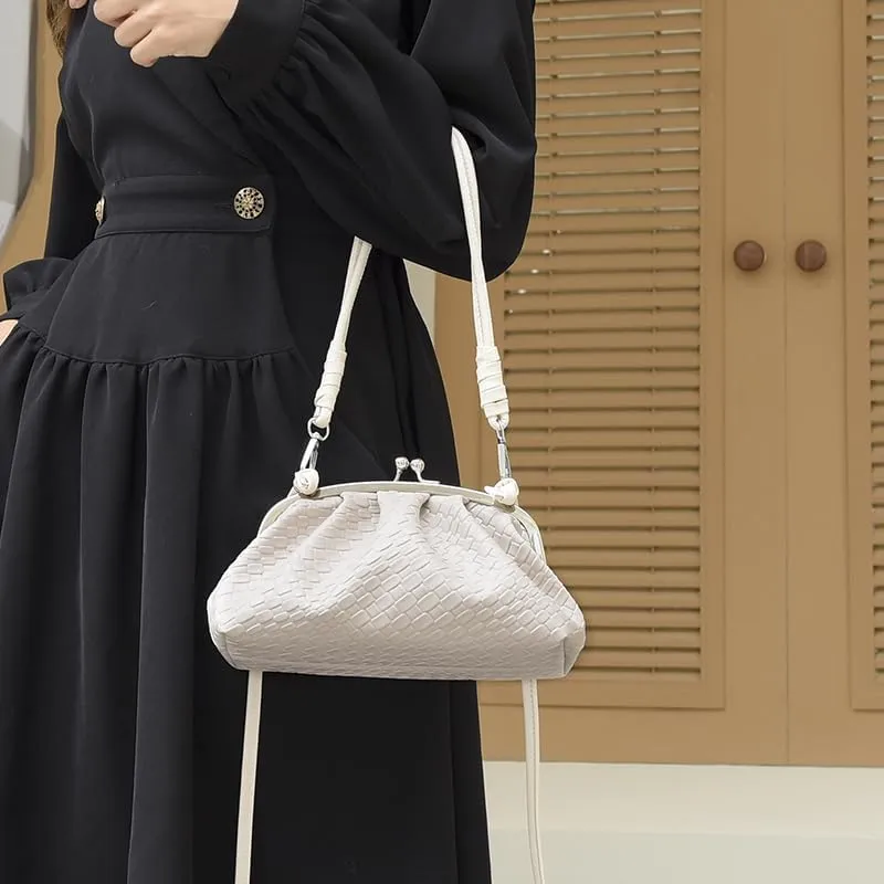 Woven Evening Bag Kiss Lock Clutch Purse for Women Crossbody Bag Vegan Leather Shoulder Purse Satchel Handbag