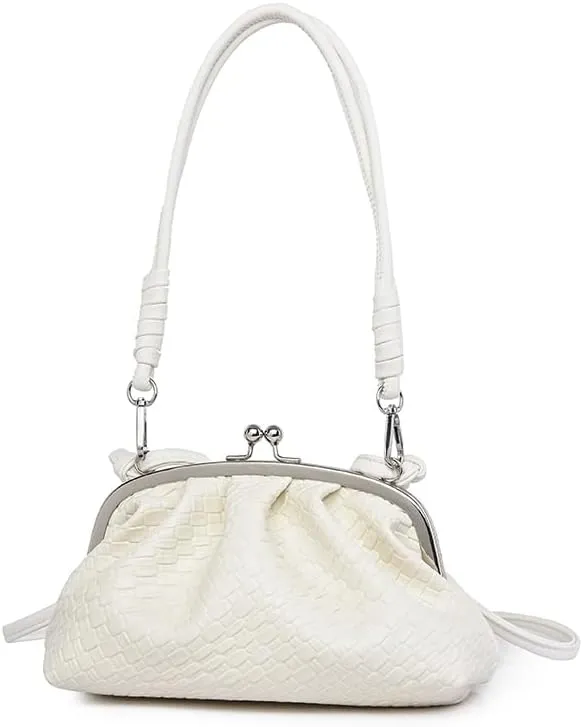 Woven Evening Bag Kiss Lock Clutch Purse for Women Crossbody Bag Vegan Leather Shoulder Purse Satchel Handbag