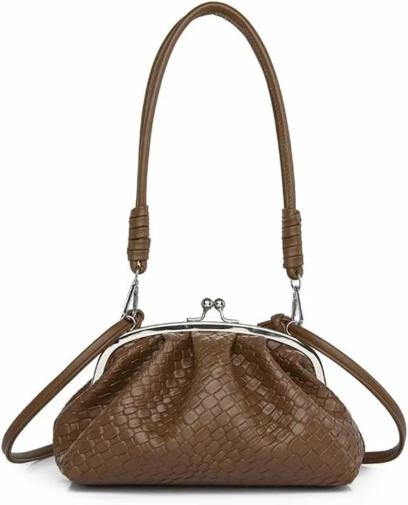 Woven Evening Bag Kiss Lock Clutch Purse for Women Crossbody Bag Vegan Leather Shoulder Purse Satchel Handbag