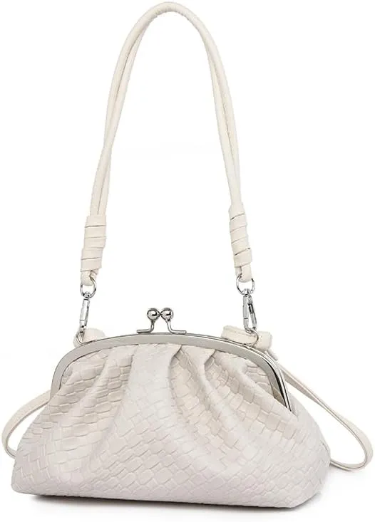 Woven Evening Bag Kiss Lock Clutch Purse for Women Crossbody Bag Vegan Leather Shoulder Purse Satchel Handbag