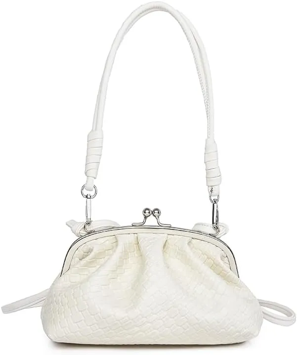 Woven Evening Bag Kiss Lock Clutch Purse for Women Crossbody Bag Vegan Leather Shoulder Purse Satchel Handbag