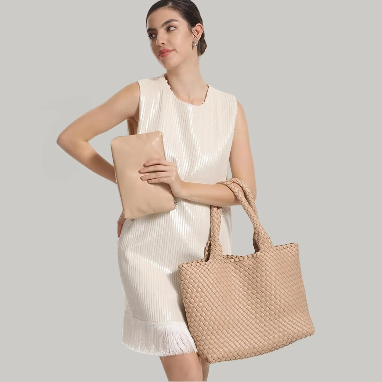 Woven Tote Bag for Women Vegan Leather Large Capacity Travel Handbag and Purse Foldable Retro Handmade Shoulder Bag