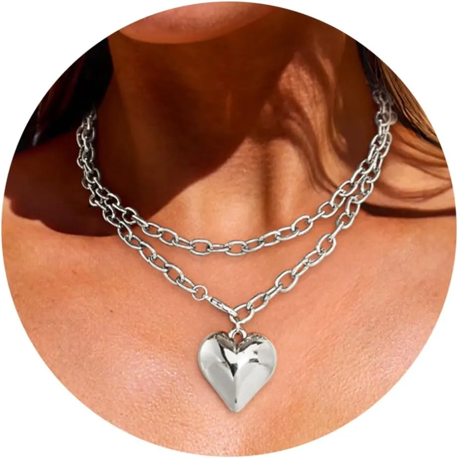 WOWORAMA Gold Chunky Chain Necklace for Women Puffy Heart Pendant Necklace White Gold Thick Chunky Chain Link Necklaces Heart Coin Choker Necklace