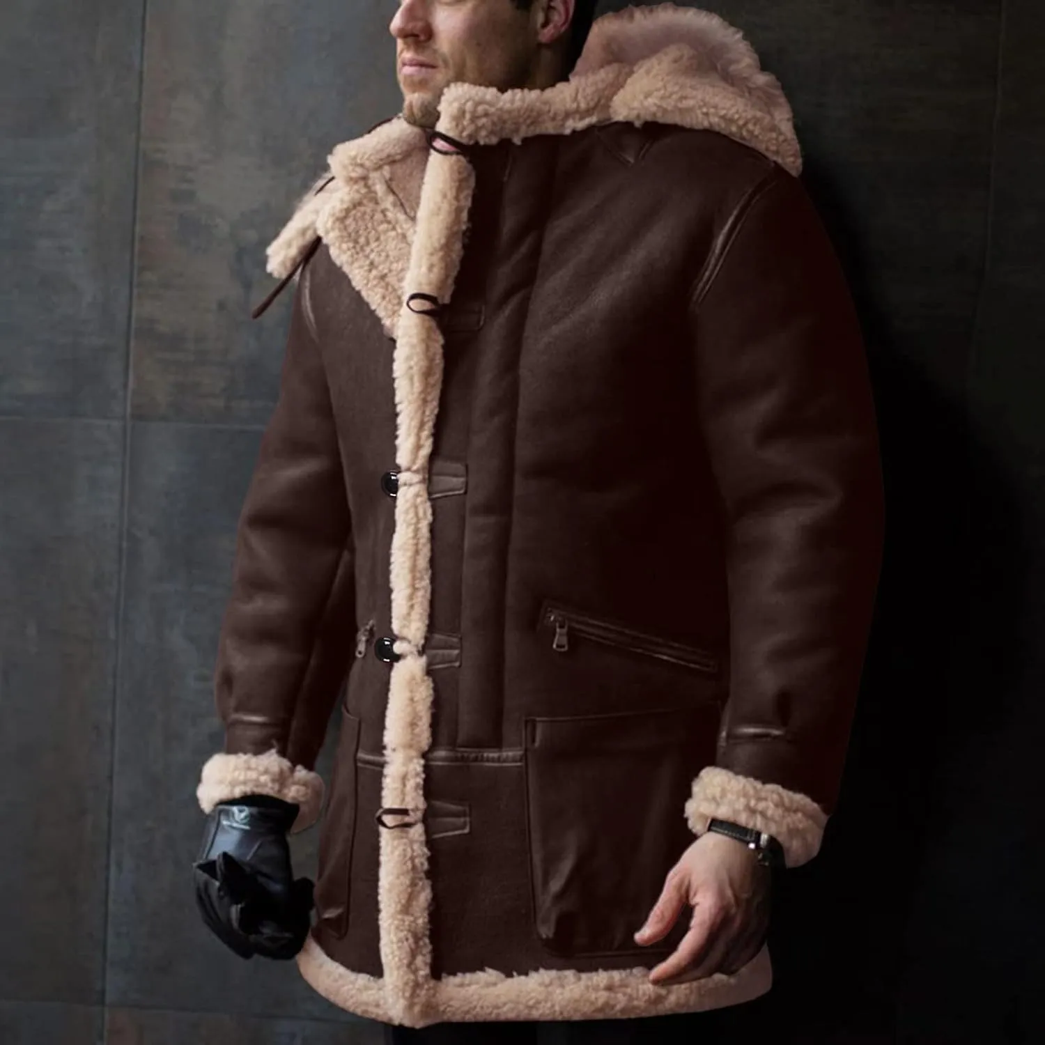 XIAXOGOOL Winter Coat For Men Big And Tall Faux Suede Fur Jacket Lapel Heavyweight Thicken Thermal Sherpa Lined Overcoat