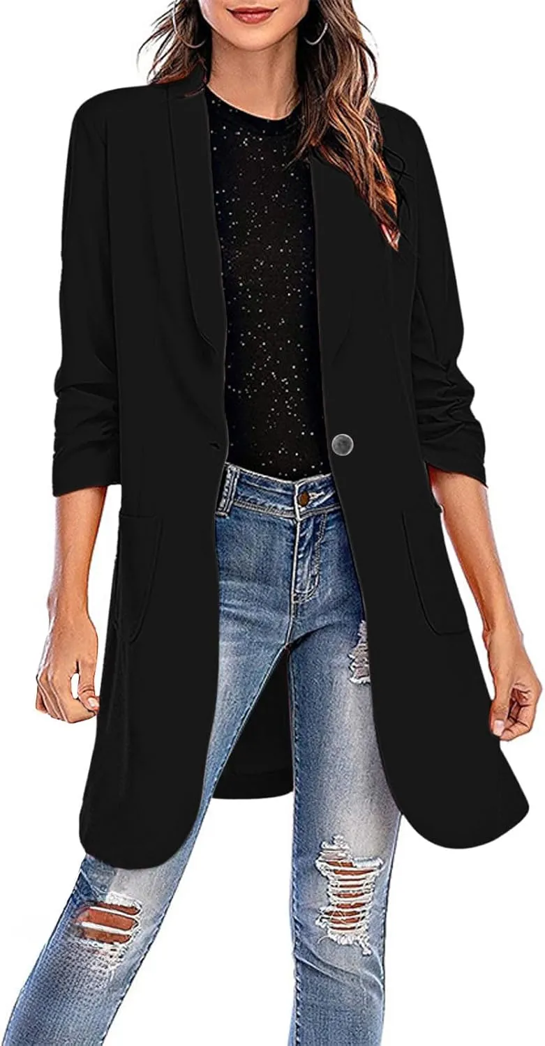 XUNRYAN Women's Blazer Business Casual Jackets Lapel One Button Mid Long Trench Coat Fashion Outwear Pockets Spring Clothes