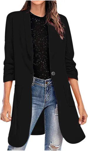 XUNRYAN Women's Blazer Business Casual Jackets Lapel One Button Mid Long Trench Coat Fashion Outwear Pockets Spring Clothes