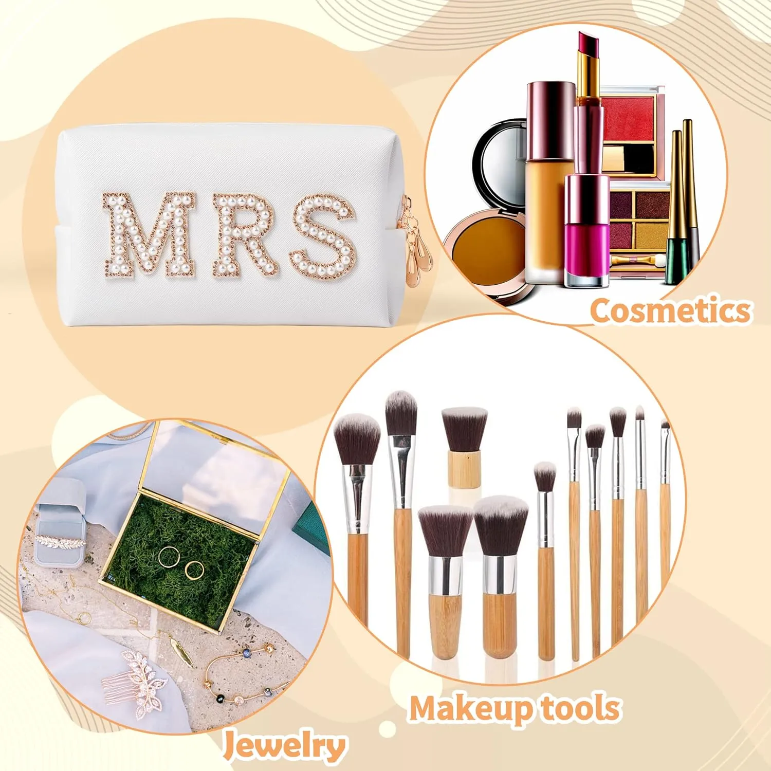 Y1tvei Gold MRS Letter Patch Cosmetic Toiletry Bag Pearl Rhinestone Varsity Letter Patches PU Leather Bride Makeup Bag Waterproof Portable Zipper Clutch Purse Travel Organizer for Women Christmas