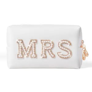 Y1tvei Gold MRS Letter Patch Cosmetic Toiletry Bag Pearl Rhinestone Varsity Letter Patches PU Leather Bride Makeup Bag Waterproof Portable Zipper Clutch Purse Travel Organizer for Women Christmas