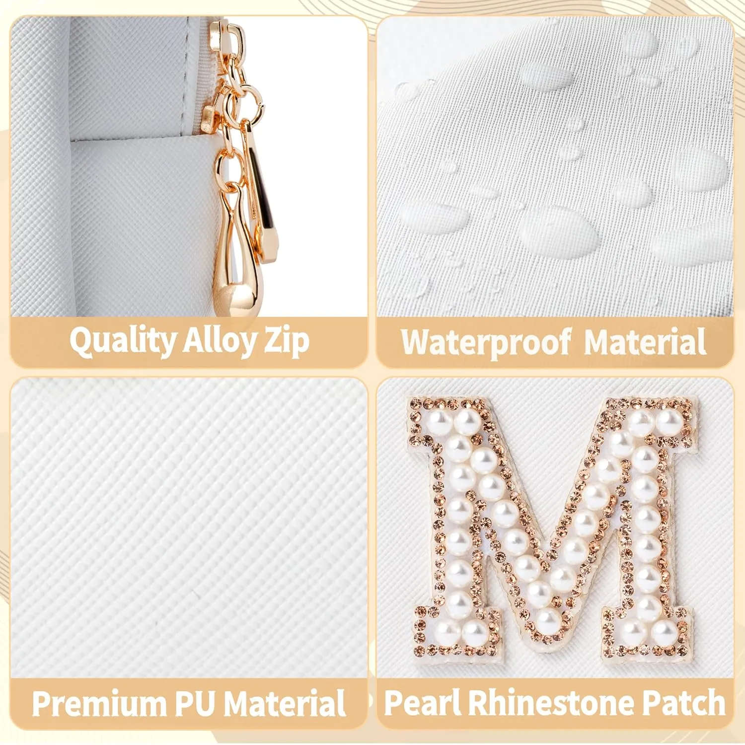 Y1tvei Gold MRS Letter Patch Cosmetic Toiletry Bag Pearl Rhinestone Varsity Letter Patches PU Leather Bride Makeup Bag Waterproof Portable Zipper Clutch Purse Travel Organizer for Women Christmas