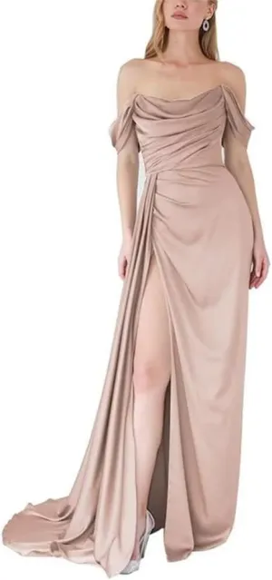 YRGERATON Mermaid Stain Prom Dresses Off Shoulder Ruched Empire Waist Evening Party Princess Ball Gowns with Slit