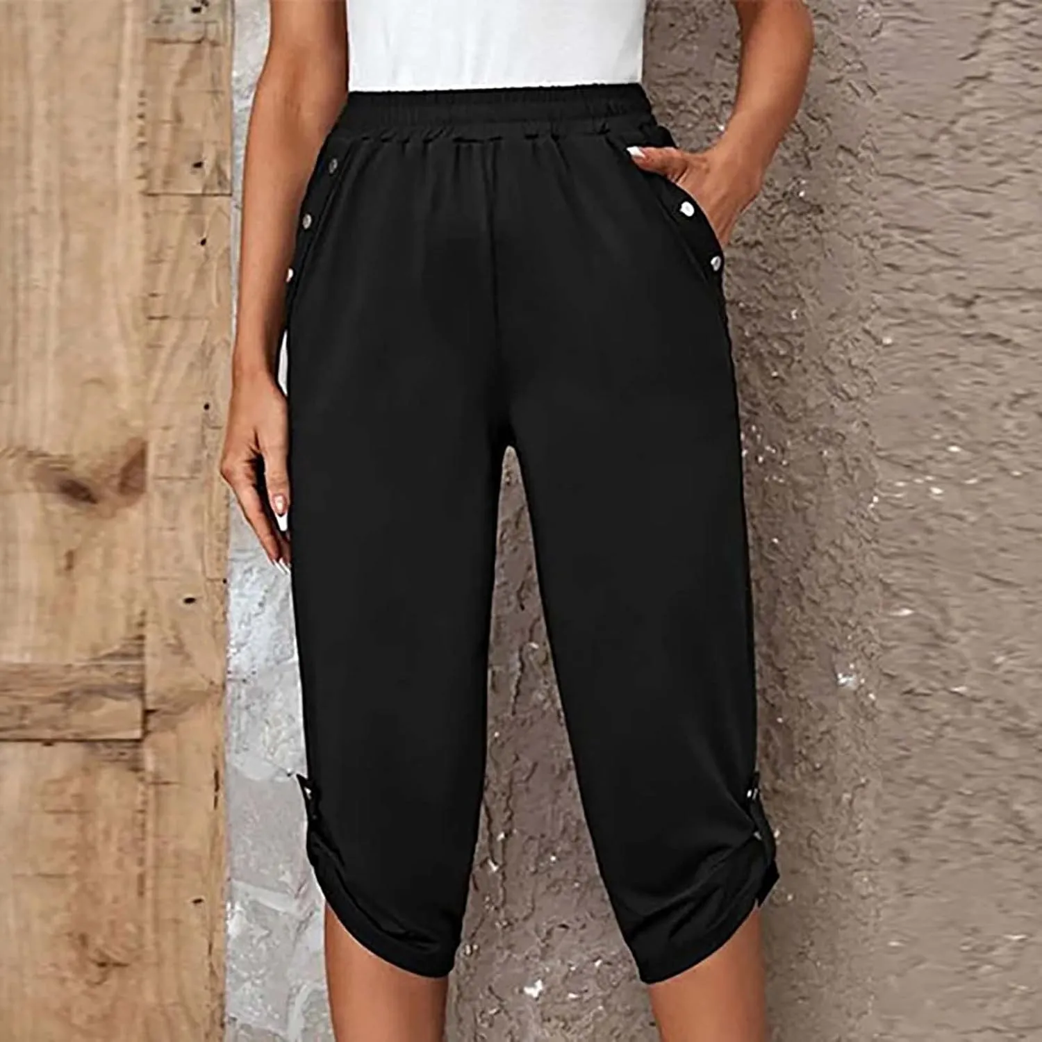 YUHGODO Trendy Side Buttons Capri Pants Women Baggy Elastic Waist Roll up Leg Comfort Trousers with Pockets High Waisted