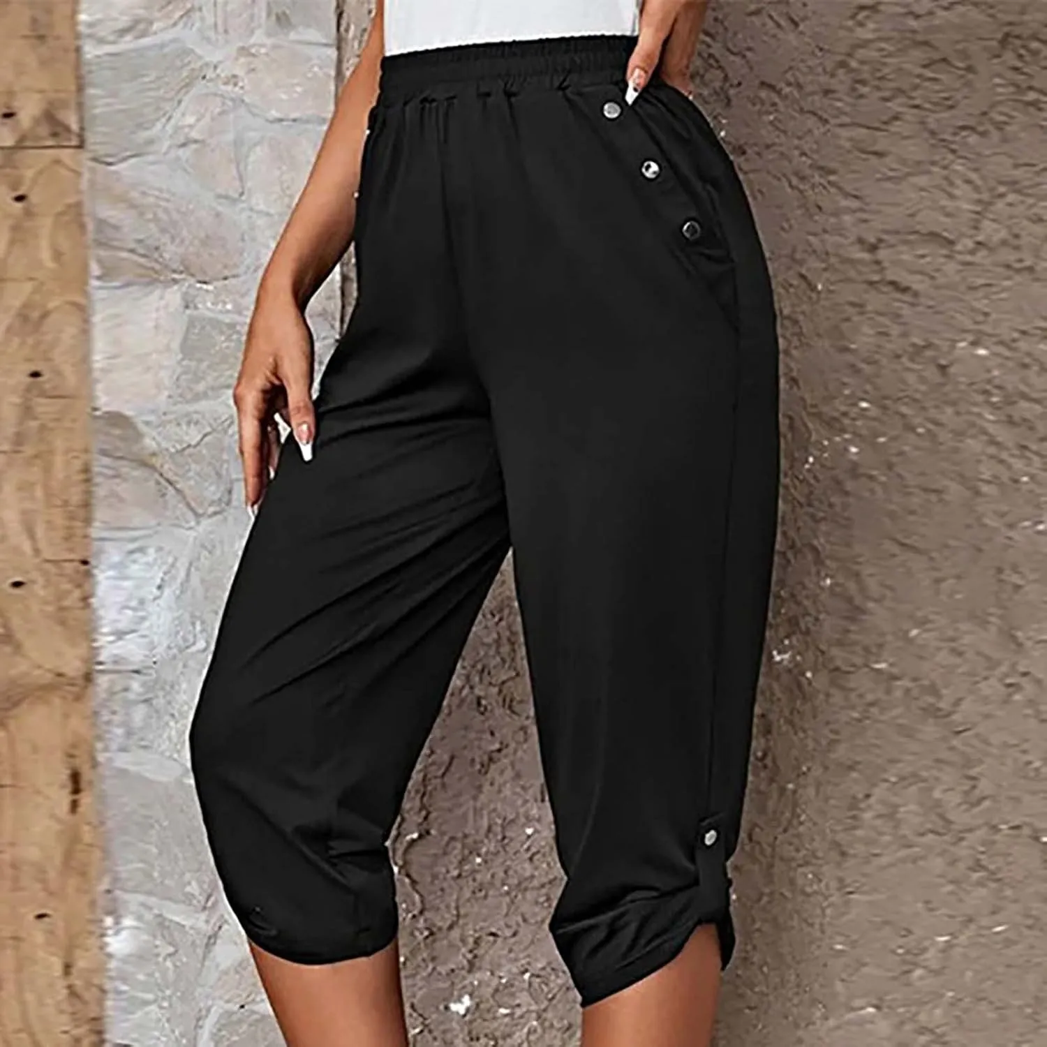 YUHGODO Trendy Side Buttons Capri Pants Women Baggy Elastic Waist Roll up Leg Comfort Trousers with Pockets High Waisted
