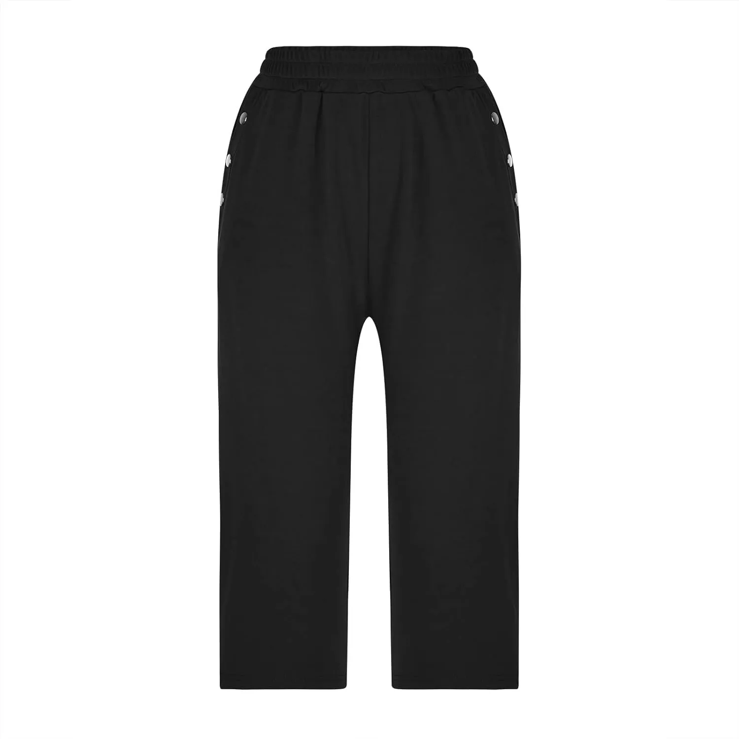 YUHGODO Trendy Side Buttons Capri Pants Women Baggy Elastic Waist Roll up Leg Comfort Trousers with Pockets High Waisted