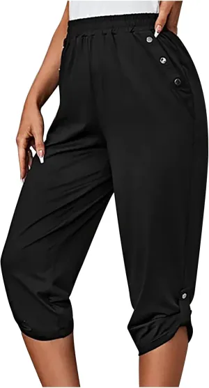 YUHGODO Trendy Side Buttons Capri Pants Women Baggy Elastic Waist Roll up Leg Comfort Trousers with Pockets High Waisted