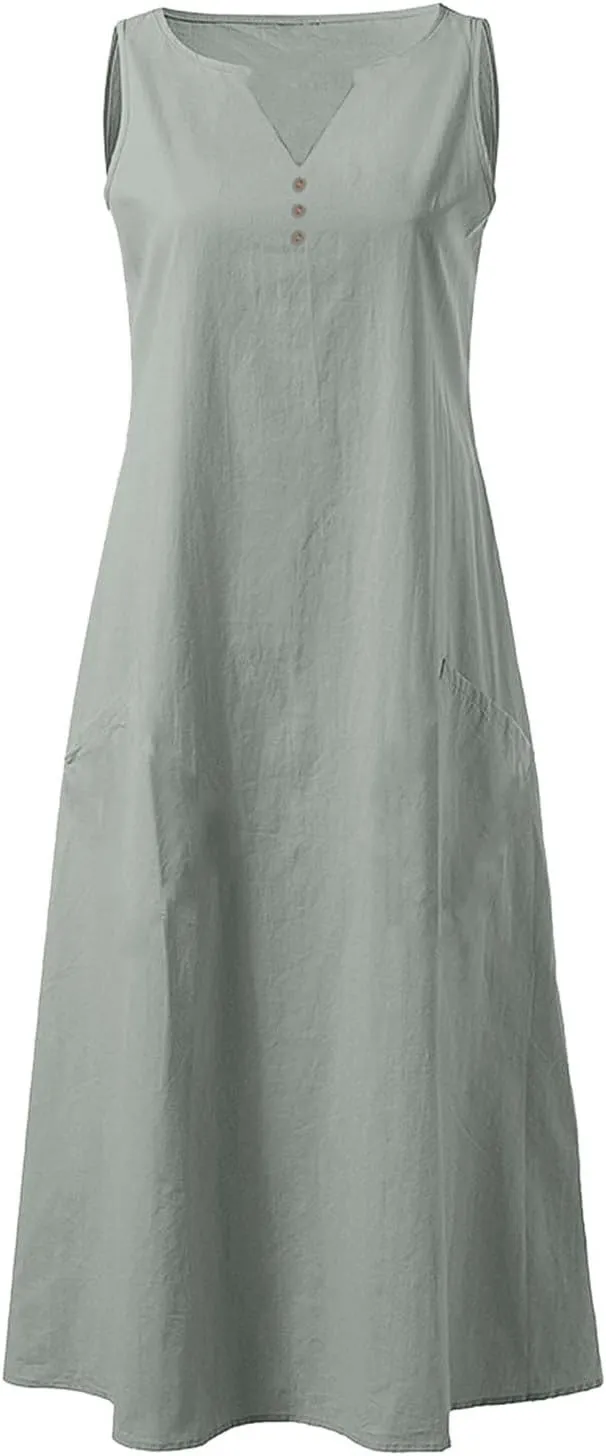ZDRZK Summer Dresses for Women 2025 Casual Sleeveless Cotton Linen Sundresses Flowy Beach Vacation Dress with Pockets