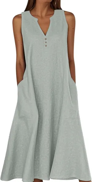 ZDRZK Summer Dresses for Women 2025 Casual Sleeveless Cotton Linen Sundresses Flowy Beach Vacation Dress with Pockets