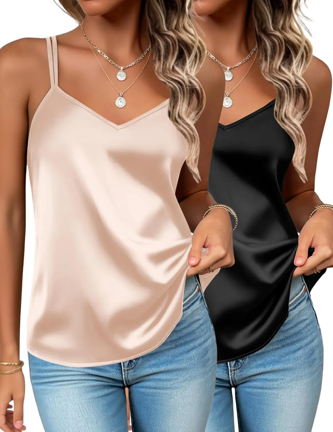 Zeagoo Silk Tank Top for Women 2 Pack Summer V Neck Satin Camisole Sleeveless Spaghetti Strap Tank Cami Shirt