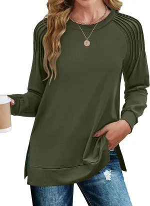 Zeagoo Tunic Tops for Women 2025 Spring Long Sleeve Shirts Dressy Casual Crewneck Pleated Cute Tops Side Split Sweatshirts