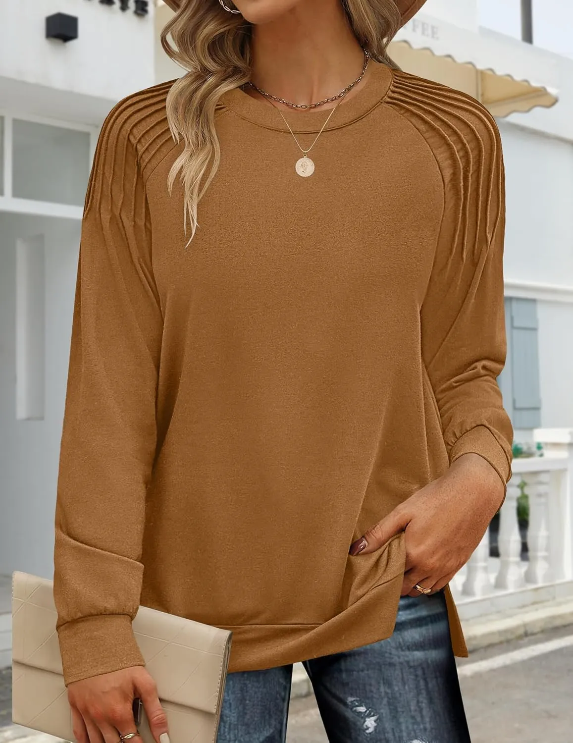 Zeagoo Tunic Tops for Women 2025 Spring Long Sleeve Shirts Dressy Casual Crewneck Pleated Cute Tops Side Split Sweatshirts