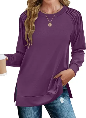 Zeagoo Tunic Tops for Women 2025 Spring Long Sleeve Shirts Dressy Casual Crewneck Pleated Cute Tops Side Split Sweatshirts