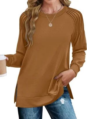 Zeagoo Tunic Tops for Women 2025 Spring Long Sleeve Shirts Dressy Casual Crewneck Pleated Cute Tops Side Split Sweatshirts