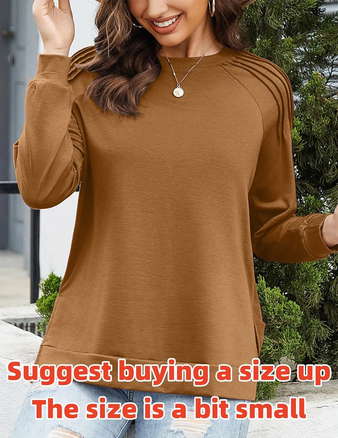 Zeagoo Tunic Tops for Women 2025 Spring Long Sleeve Shirts Dressy Casual Crewneck Pleated Cute Tops Side Split Sweatshirts