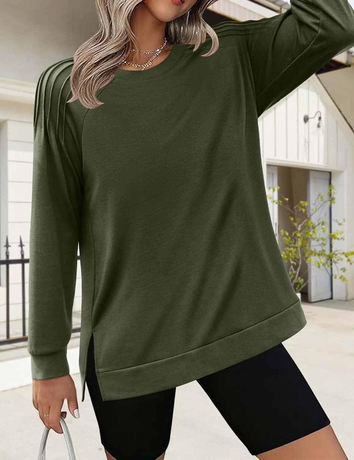 Zeagoo Tunic Tops for Women 2025 Spring Long Sleeve Shirts Dressy Casual Crewneck Pleated Cute Tops Side Split Sweatshirts