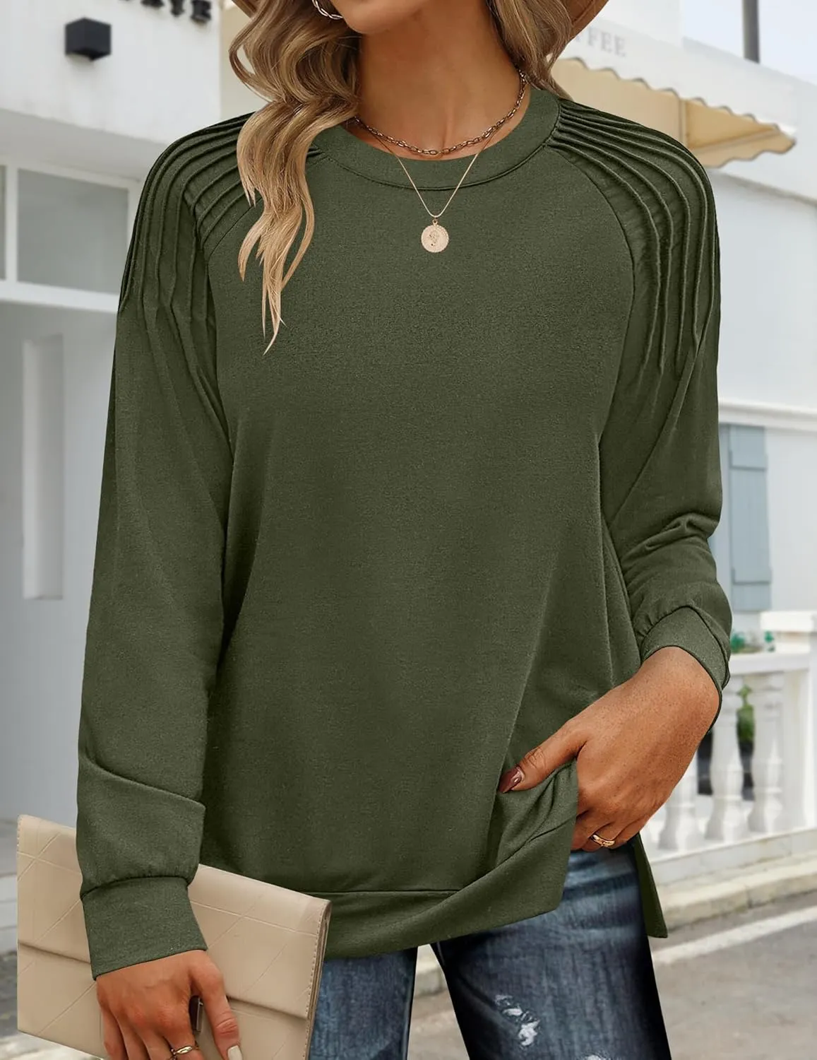 Zeagoo Tunic Tops for Women 2025 Spring Long Sleeve Shirts Dressy Casual Crewneck Pleated Cute Tops Side Split Sweatshirts