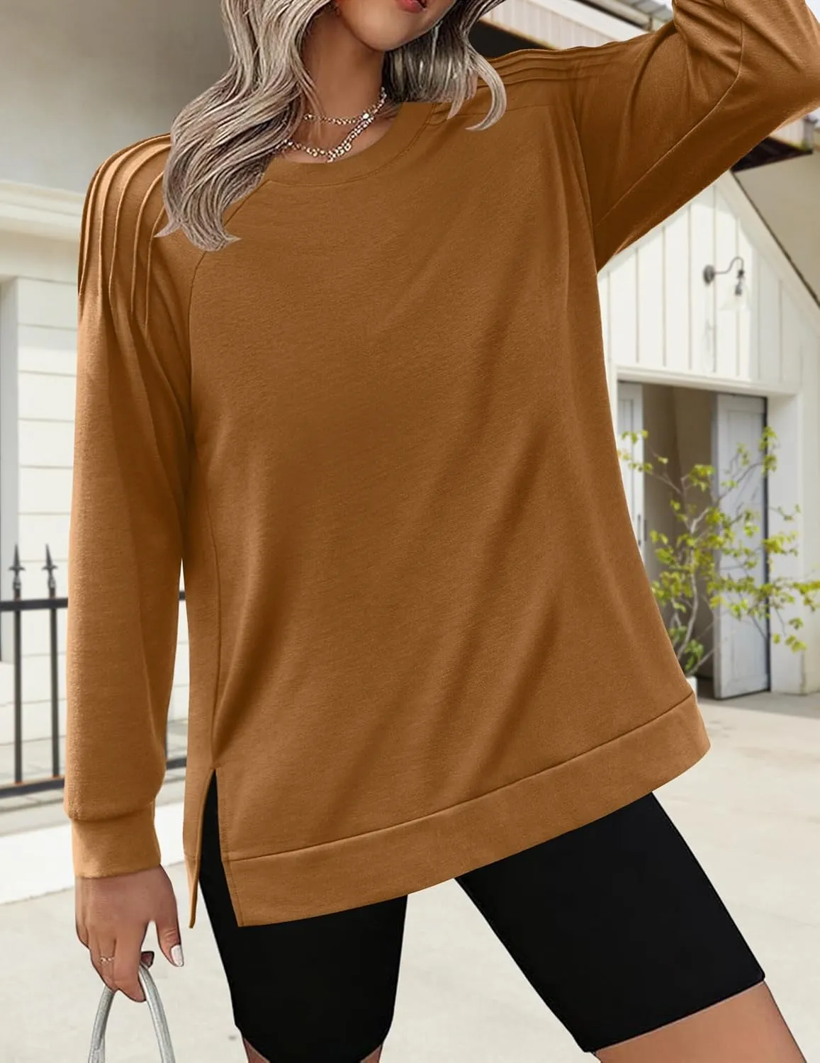 Zeagoo Tunic Tops for Women 2025 Spring Long Sleeve Shirts Dressy Casual Crewneck Pleated Cute Tops Side Split Sweatshirts