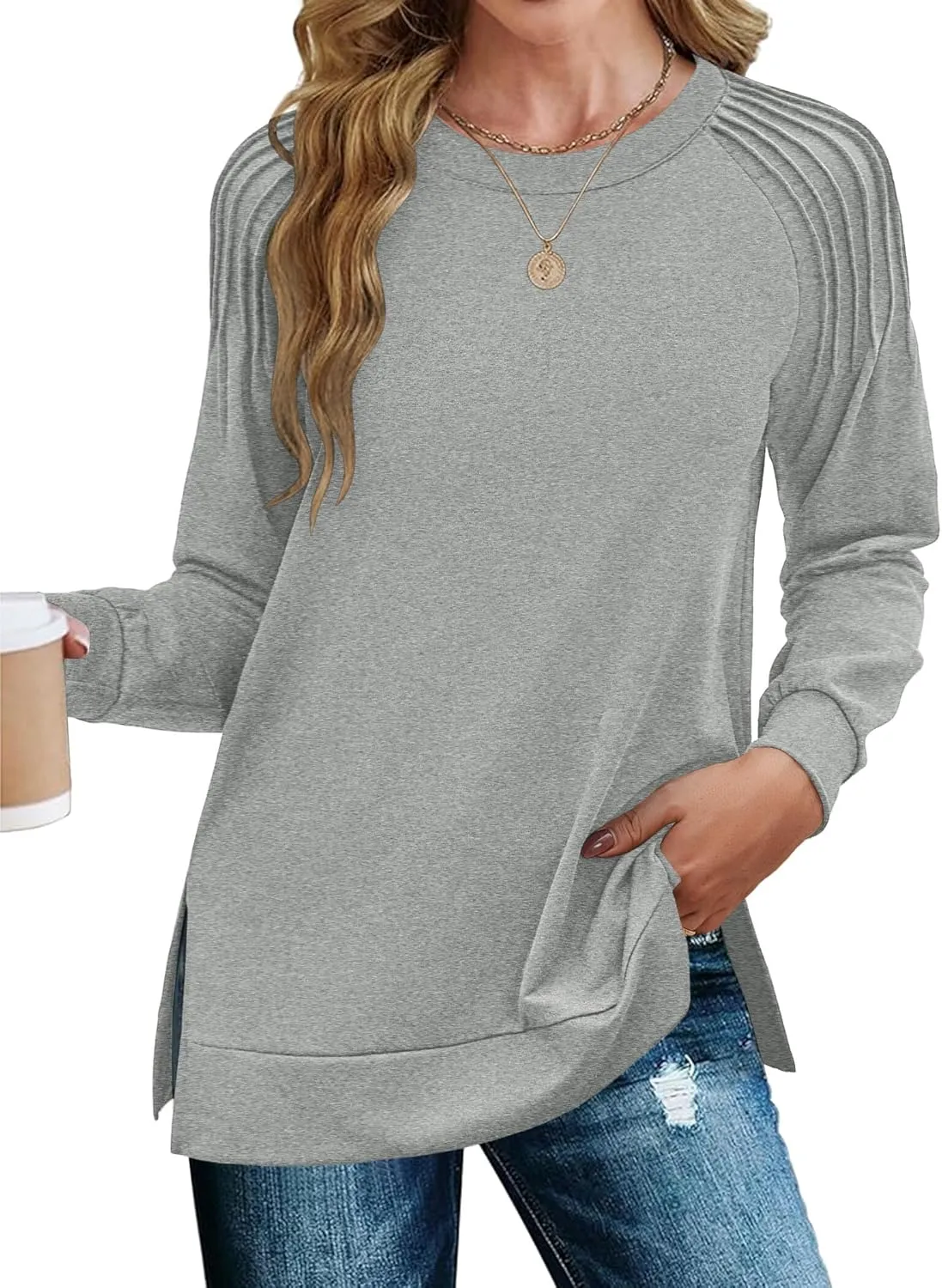 Zeagoo Tunic Tops for Women 2025 Spring Long Sleeve Shirts Dressy Casual Crewneck Pleated Cute Tops Side Split Sweatshirts