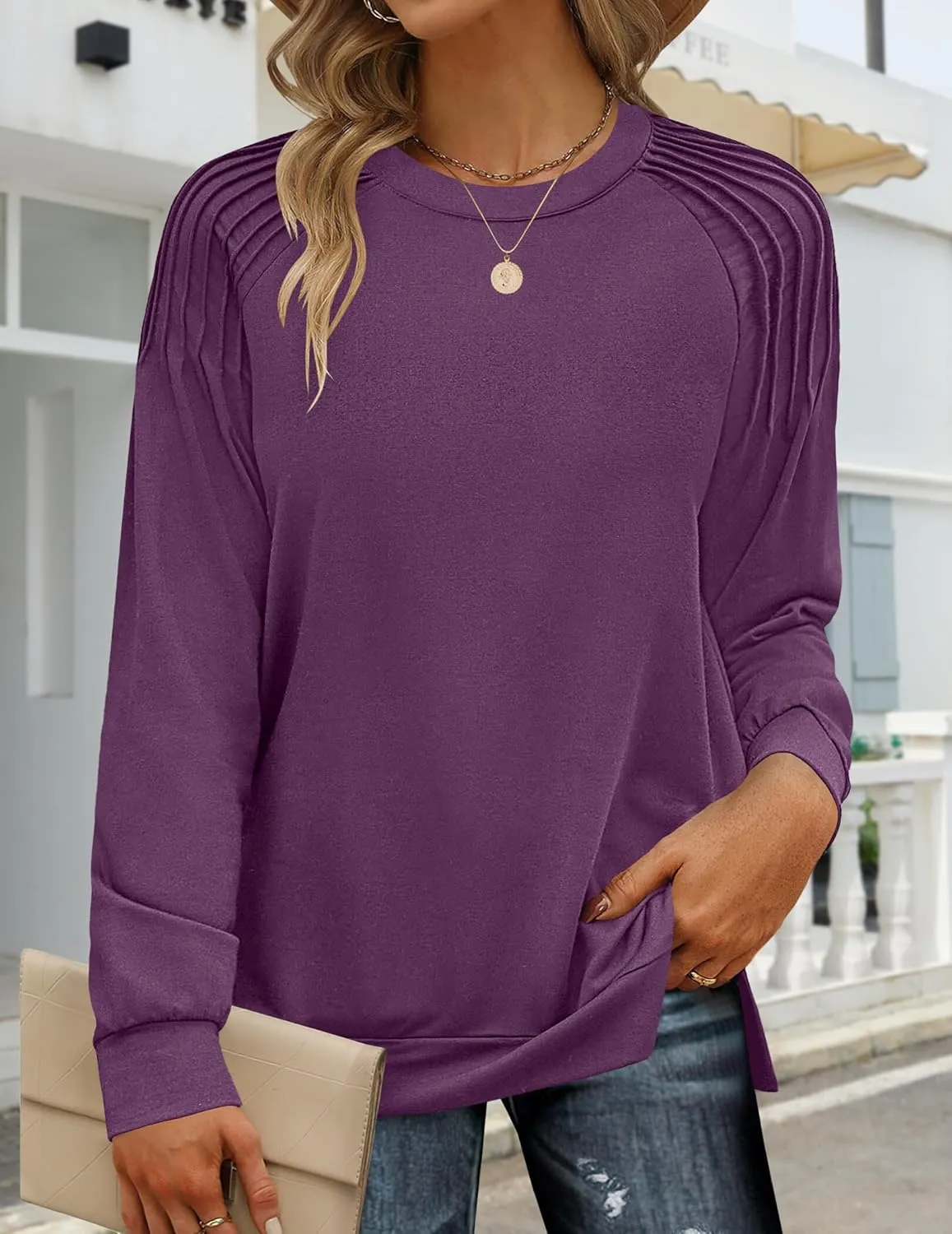 Zeagoo Tunic Tops for Women 2025 Spring Long Sleeve Shirts Dressy Casual Crewneck Pleated Cute Tops Side Split Sweatshirts