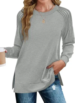 Zeagoo Tunic Tops for Women 2025 Spring Long Sleeve Shirts Dressy Casual Crewneck Pleated Cute Tops Side Split Sweatshirts