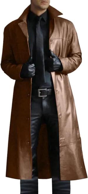 ZWRXW Mens Leather Trench Coat Full Length Vintage Classic Faux Leather Long Jacket Fall Winter Overcoat Coats Cardigan